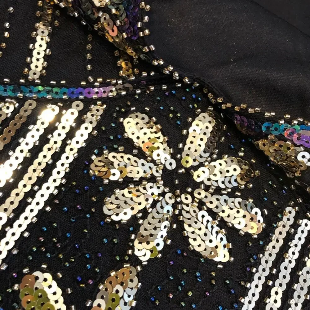 Vintage black gold sequin beaded fringe trim sleeveless midi dress size Small